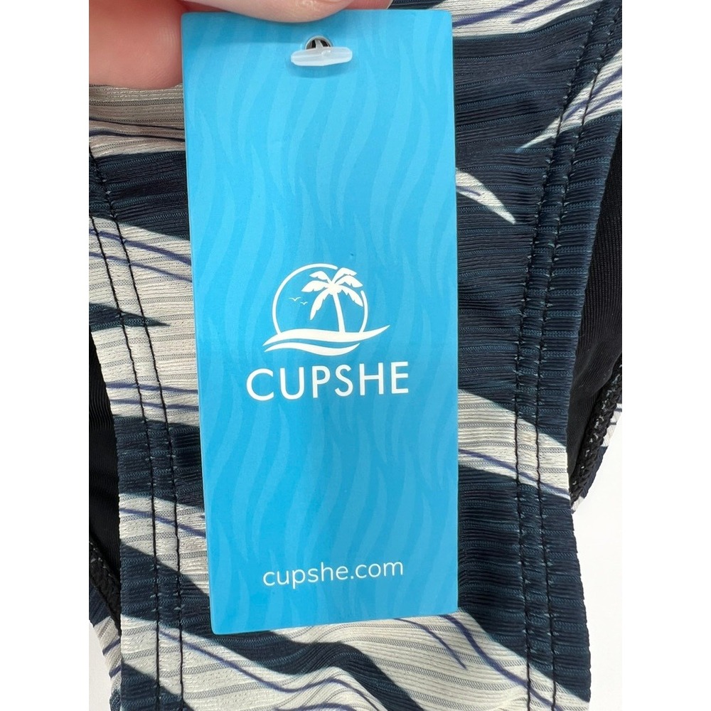 NWT Cupshe Womens M Navy Blue White Tropical Palm Leaf Ribbed Bikini Bottoms - Picture 6 of 8